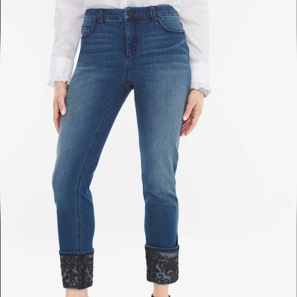 Chico's SO Slimming Sequin Lace-Cuff Girlfriend Ankle Jeans Size 0.5P